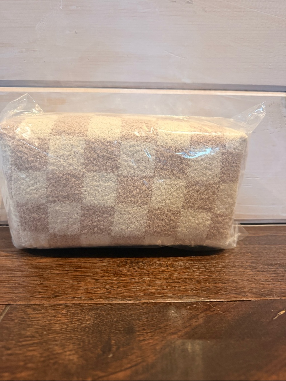 Checkerboard Soft Knit Pouch in Cream and Light Brown